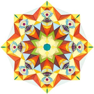 an abstract colorful circle mandala. A repetitive pattern with orange and blue colors. Simple and joyful art