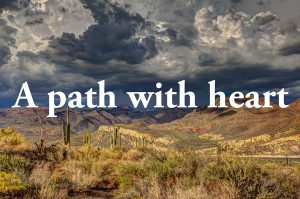 spiirtual quotes by carlos castaneda. a desert landscape and text that say a path with heart